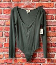 Olive Green  Button Up Scoop Neck Long Sleeve Bodysuit