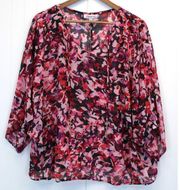 Jennifer Lopez Plus Size 1X Blouse Top Fractured Floral Pink Red Black Tasseled