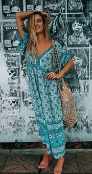 Spell Dress Kombi Folk Backless Floral Tasseled Green Blue Boho Maxi Sage S GUC