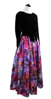 Vintage 1980s Jessica McClintock Velvet and Floral Print Evening Gown Small