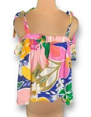 ELOQUII Top Paradiso Print Multicolor Tie Strap Floral Tank Linen Blend Plus