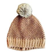 Metallic Knit & Pom Pom Winter Beanie Copper Tan & Gray Size OSFM