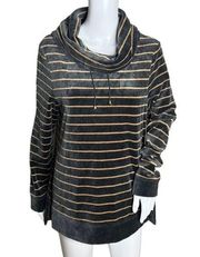 Chicos Shirt Womens Medium Gray Metallic Gold Velour Lurex Stripe Cowl Zenergy