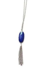 Boho Faux Lapis Long SilverChain Pendant Necklace