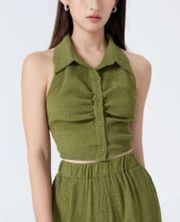 Cider NWT  Olive Green Textured Halter Collared Button Up Crop Top size 1XL