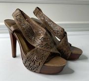 Diane Von Furstenberg brown laser cut iris heeled sandals size 6 M