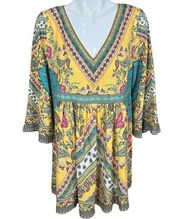 Umgee Yellow Bohemian Paisley Print V Neck Bell Sleeve Dress Size Large NWT