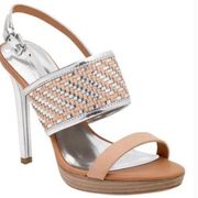 Coach Steffi Woven Slingback Open Toe Platform Heels in Silver Nude Size 9