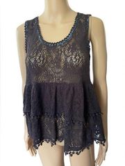 Free People Daydream Brown Blue Sheer Boho Hippie Western Crochet Tiered Top