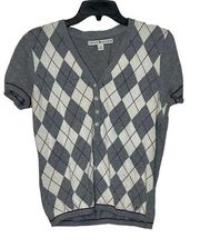 Tommy Hilfiger Cardigan Sweater Size Medium Gray White Burgundy Argyle Womens