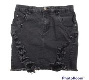 Prettylittlething black distressed denim mini skirt size 8