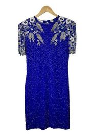 Laurence Kazar Cobalt Blue and Silver Beaded Dress with Open Back Women's Large