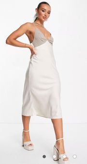 DESIGN color block satin midi dress with chiffon bodice detail in stone