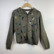 Vintage Embroidered Fall Leaves Grandma Cardigan Sweater  Heather Green womens M