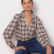 Evereve Skylar Long Sleeve V-neck Plaid Blouse Top Sz Medium