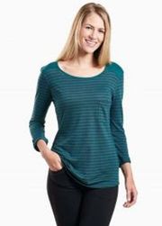 Kuhl Jive Fine Knit Shirt Top Striped 3/4 Sleeve Crewneck Front Pocket Green 1X