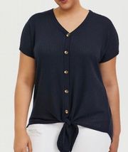 Navy Blue Waffle Knit Tie Front Short Sleeve Blouse
