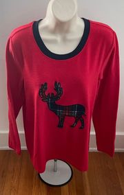 Sleepwear Plaid Moose Red Waffle Knit Long Sleeve PJ Top Shirt, size S