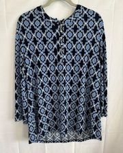 Charter Club Women’s XLarge Blue,Black, White, Gold Pattern Long Sleeve Blouse