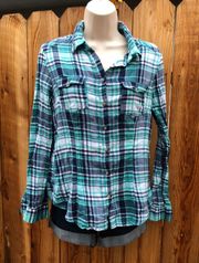 Blue-green & White long sleeve button down Plaid shirt or blouse Sz Jrs Large