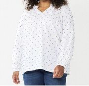 Croft & Barrow White Blue Swiss Dot V Neck Raglan Popover Blouse Size 3X New