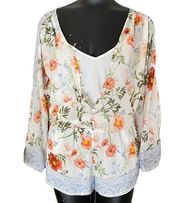 Joie Kiora Silk Floral Romper with Wide Sleeves Ivory and Peach Size XS