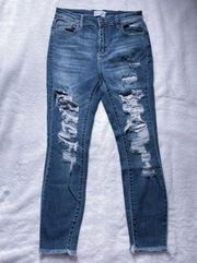 Cello Medium Wash Distressed Ripped Skinny Jeans Frayed Hem Size 7