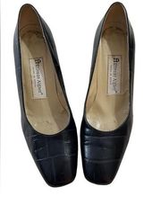 Etienne Aigner Valencia Navy‎ Blue Moc Croc Leather Square Heel Pumps Size 6.5