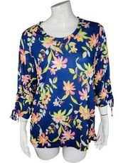 Caribbean Joe Women's Large Blue Floral Blouse 3/4 Sleeves Tie Detail NWT Cruise