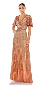 MAC DUGGAL Embellished V Neck Butterfly Sleeve Column Gown In Copper