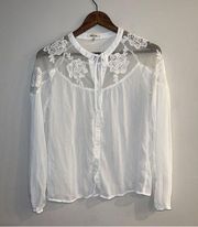 BLEUH CIEL Women’s White Button Down Tie Neck Floral Embroidered Blouse Size S