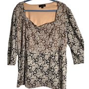 SUZANNE BETRO Blouse Womens 4X Long Sleeve White Lace Beige Black Satin