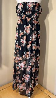 NOBO Black Pink Floral Strapless Maxi Dress Small