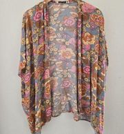 Rusttydustty Kimono Women’s Multicolor Floral 70s Boho Open Front Size Small