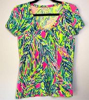 Lilly Pulitzer Multi Sea Turtle Soiree V-Neck Short Sleeve Cotton T Shirt Small
