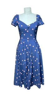 Unique Vintage Polka Dot Fit & Flare Dress Blue Pink Size Small