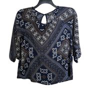 Papermoon For Stitch Fix Women's Blue Printed Boho Top - Size Small - 3/4 Sleeve