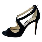 Jimmy Choo Emily 100 Black Suede Cross Strap Open Toe Heels size 37.5 /US 7