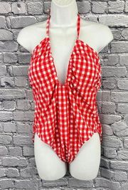 Wild Fable One Piece Swimsuit Red Checked Seersucker Size L NEW
