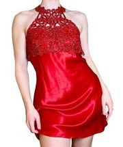 Vintage 90s  Red Glitter Lace Halter Holiday Party Mini Dress Small Med