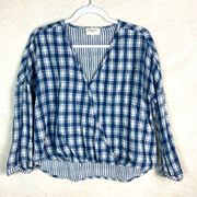 Everyly‎ Shirt Womens Small Blue Cream Plaid Pullover Wrap Blouse Cotton size L