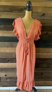 Charlotte Russe Ruffled Orange Polka Dot Open Back Jumpsuit