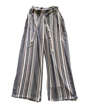 Super cute tie front pants, blue, tan and white stripes