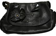 Black Leather shoulder bag with 3D Flower and ruffle accents