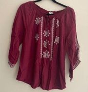 Sonoma Maroon Red Embroidered Exposed Sleeve Peasant Blouse Shirt Top Boho