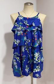 Women's Blue Floral Print Ruffle Tiered Sleeveless Tank Top PXL