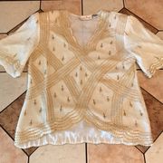 Vintage Laurence Kazar Cream Gold Tassel Beaded Sequin Metallic Glam Blouse