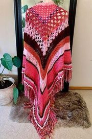 Pink Full Length Crochet Wrap/Shawl With Fringe