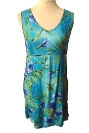 Mango Bay turquoise with tropical hibiscus sleeveless sundress Size S