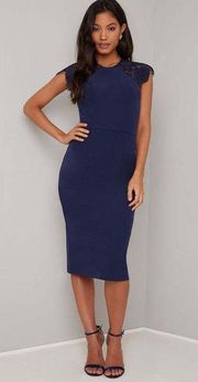 NWT  Lace Detail Bodycon Midi Dress in Blue Size 8